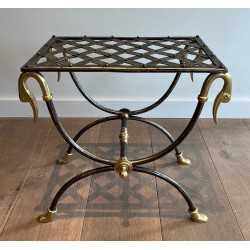 Tabouret Curule Néoclassique en Acier et Laiton à Décors de Têtes de Canard, Attribué à la Maison Jansen, vers 1940