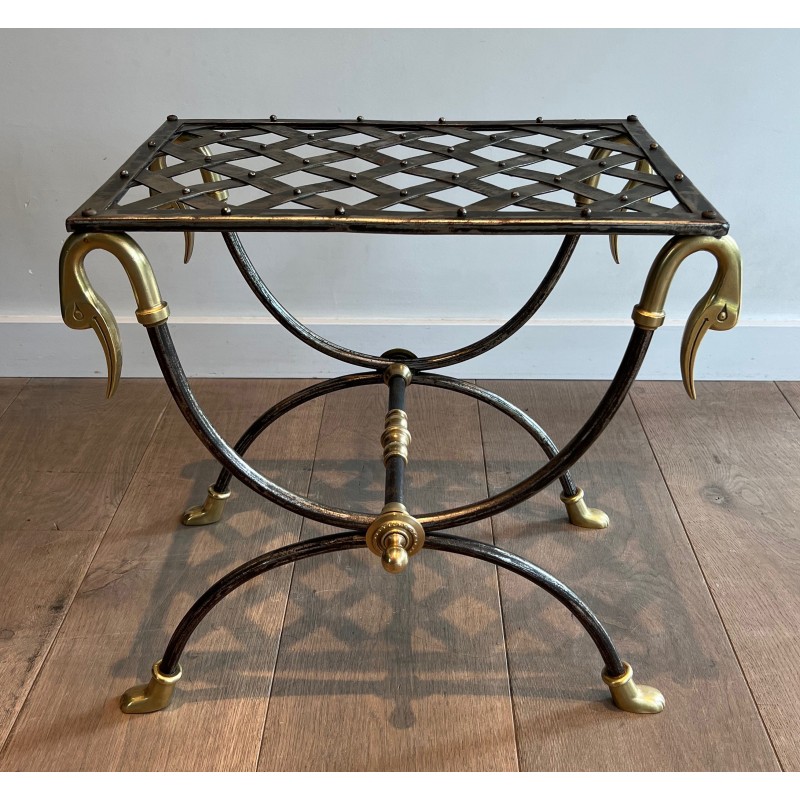 Tabouret Curule Néoclassique en Acier et Laiton à Décors de Têtes de Canard, Attribué à la Maison Jansen, vers 1940