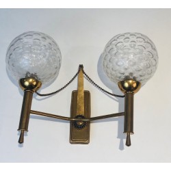 Paire d'Appliques en Laiton et Boules de Verre. Vers 1970