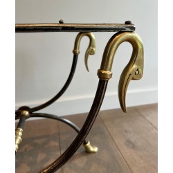 Neoclassical Steel and Brass Curule Stool with Duck Head Decoration, Attributed to Maison Jansen, circa 1940