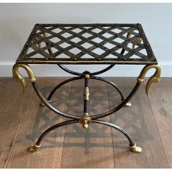 Neoclassical Steel and Brass Curule Stool with Duck Head Decoration, Attributed to Maison Jansen, circa 1940