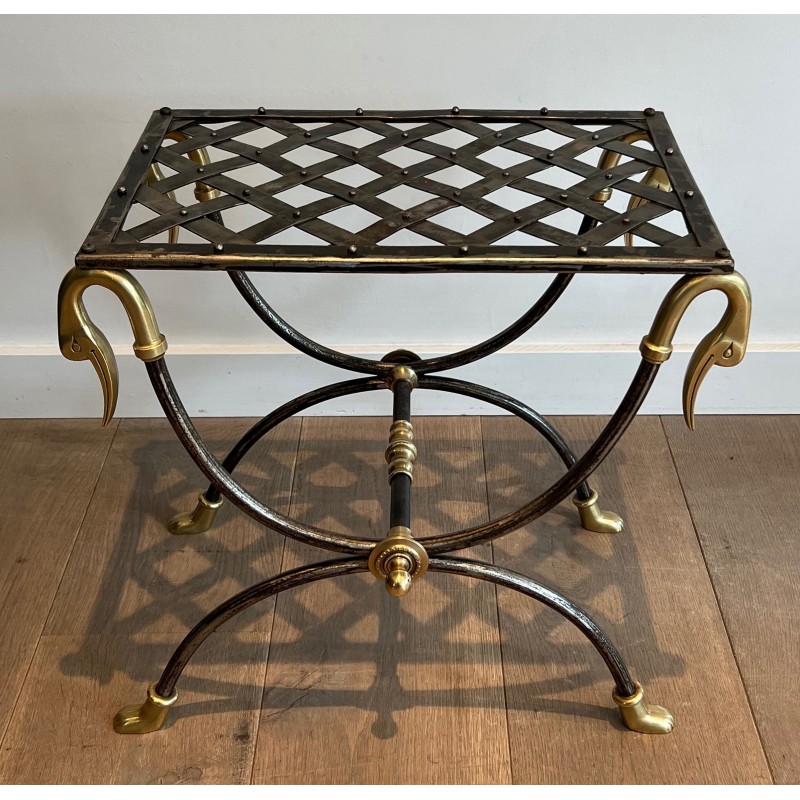 Tabouret Curule Néoclassique en Acier et Laiton à Décors de Têtes de Canard, Attribué à la Maison Jansen, vers 1940