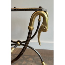 Neoclassical Steel and Brass Curule Stool with Duck Head Decoration, Attributed to Maison Jansen, circa 1940