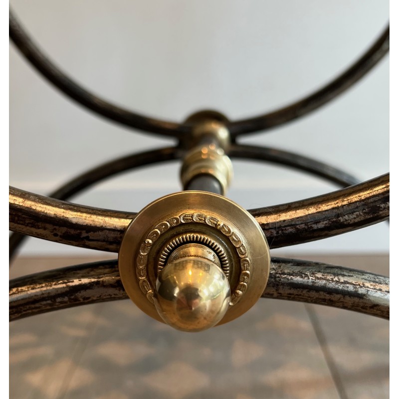 Neoclassical Steel and Brass Curule Stool with Duck Head Decoration, Attributed to Maison Jansen, circa 1940