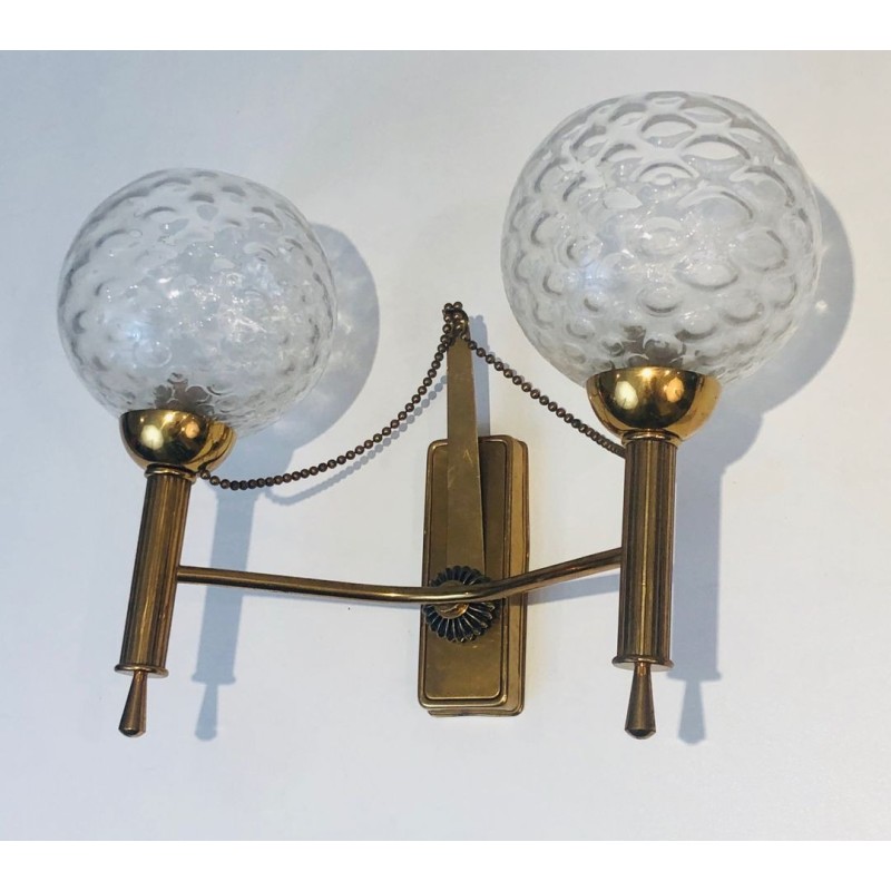 Paire d'Appliques en Laiton et Boules de Verre. Vers 1970