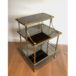Brass and Antique Mirror Three-Tier Trolley on Casters by Maison Jansen, circa 1940
