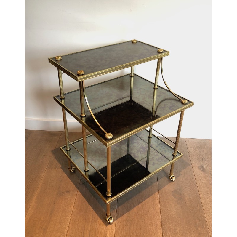 Brass and Antique Mirror Three-Tier Trolley on Casters by Maison Jansen, circa 1940