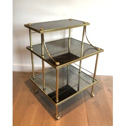 Brass and Antique Mirror Three-Tier Trolley on Casters by Maison Jansen, circa 1940