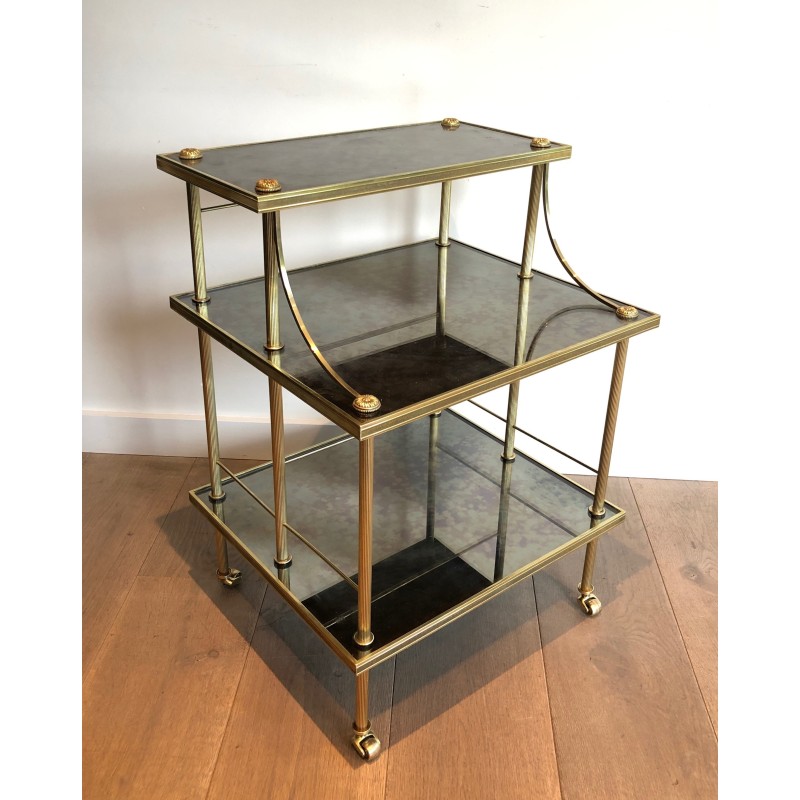 Brass and Antique Mirror Three-Tier Trolley on Casters by Maison Jansen, circa 1940