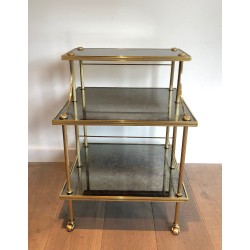 Brass and Antique Mirror Three-Tier Trolley on Casters by Maison Jansen, circa 1940