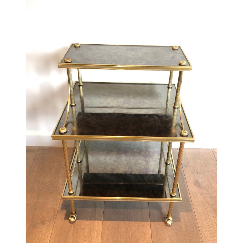 Brass and Antique Mirror Three-Tier Trolley on Casters by Maison Jansen, circa 1940