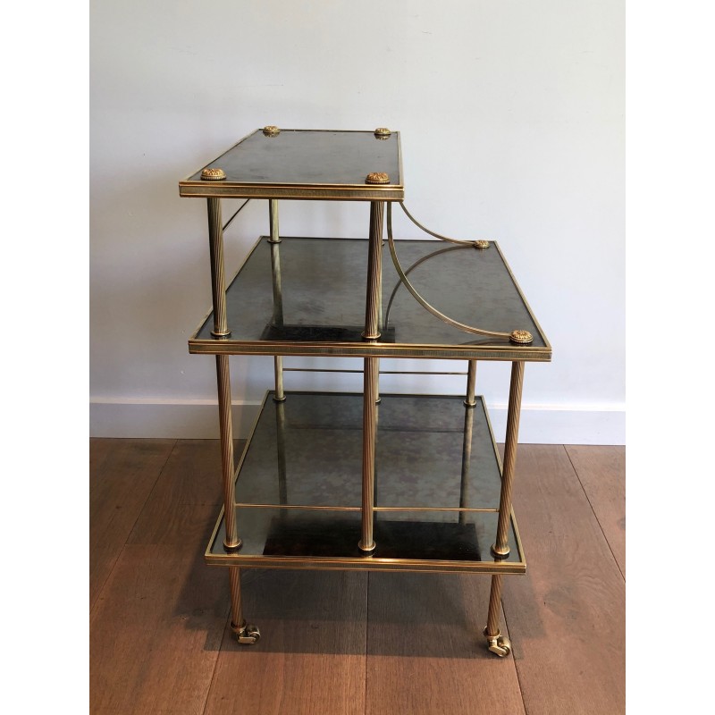 Brass and Antique Mirror Three-Tier Trolley on Casters by Maison Jansen, circa 1940