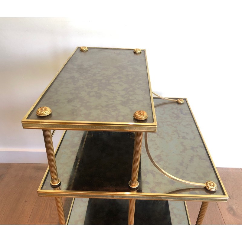 Brass and Antique Mirror Three-Tier Trolley on Casters by Maison Jansen, circa 1940