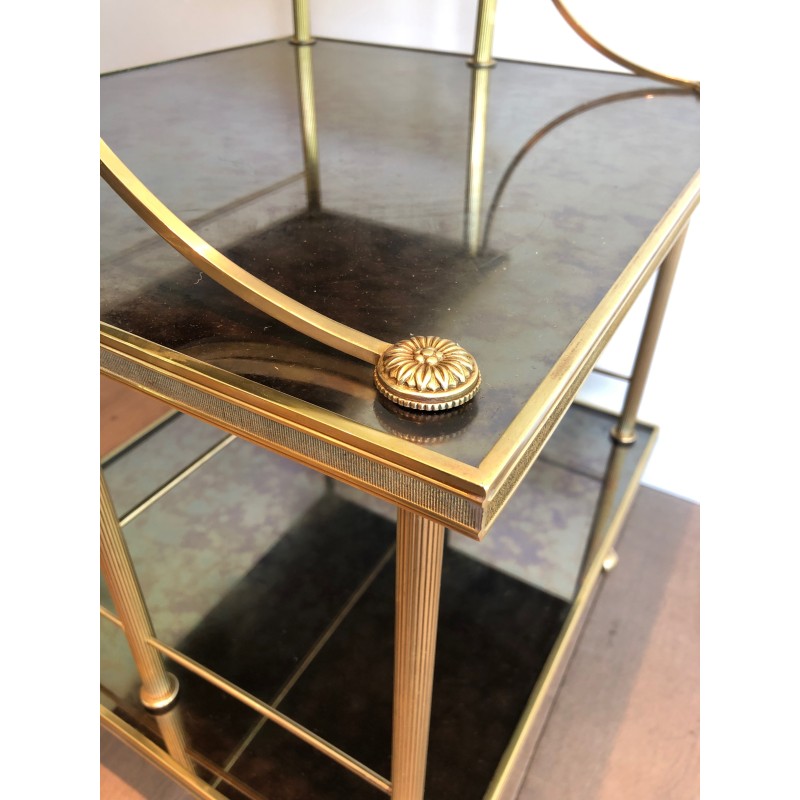 Brass and Antique Mirror Three-Tier Trolley on Casters by Maison Jansen, circa 1940