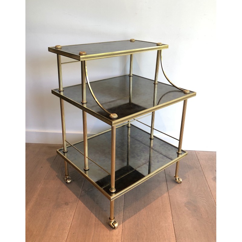 Brass and Antique Mirror Three-Tier Trolley on Casters by Maison Jansen, circa 1940