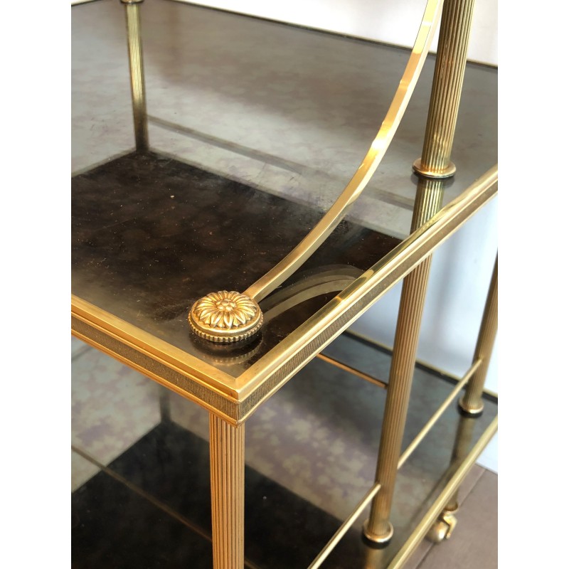 Brass and Antique Mirror Three-Tier Trolley on Casters by Maison Jansen, circa 1940