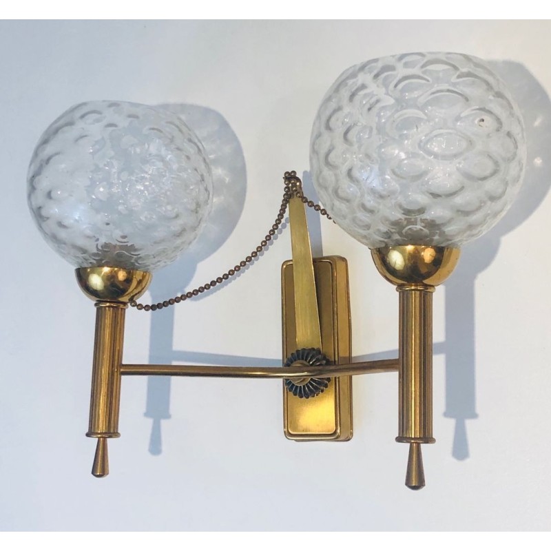 Paire d'Appliques en Laiton et Boules de Verre. Vers 1970