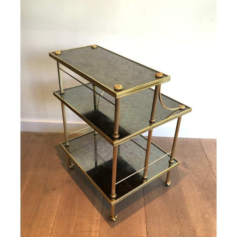 Brass and Antique Mirror Three-Tier Trolley on Casters by Maison Jansen, circa 1940
