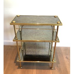 Brass and Antique Mirror Three-Tier Trolley on Casters by Maison Jansen, circa 1940