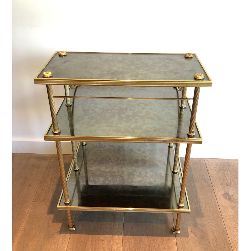 Brass and Antique Mirror Three-Tier Trolley on Casters by Maison Jansen, circa 1940