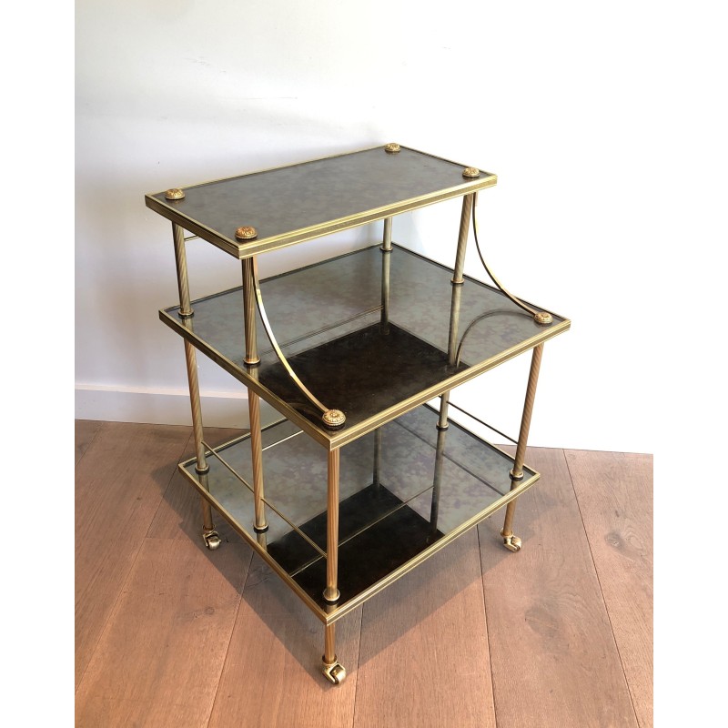 Brass and Antique Mirror Three-Tier Trolley on Casters by Maison Jansen, circa 1940