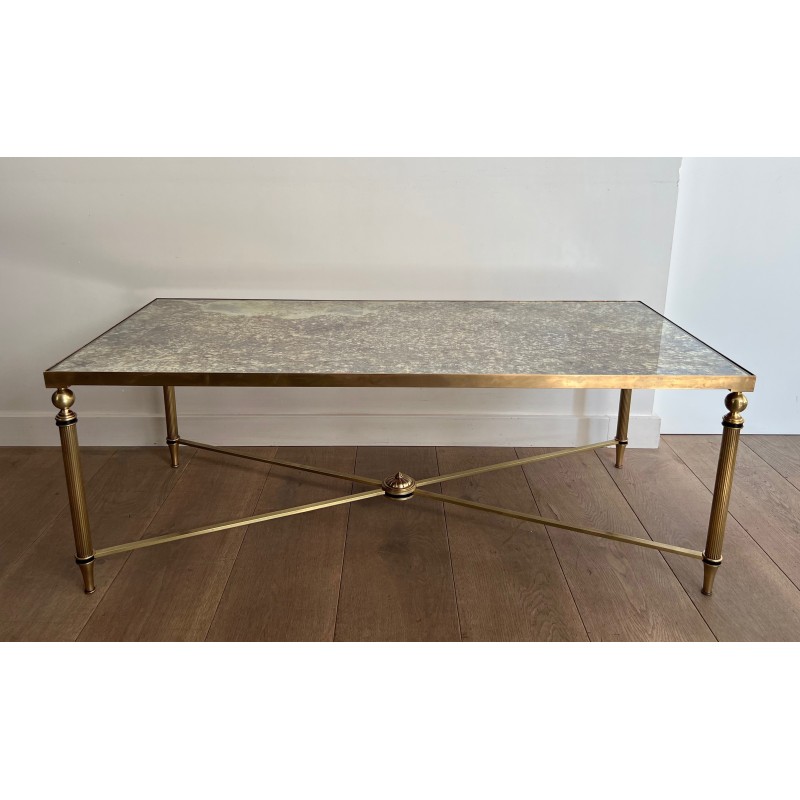 Large Neoclassical Brass Coffee Table with Eglomised Mirror Top by Maison Jansen, circa 1940