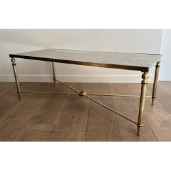 Large Neoclassical Brass Coffee Table with Eglomised Mirror Top by Maison Jansen, circa 1940