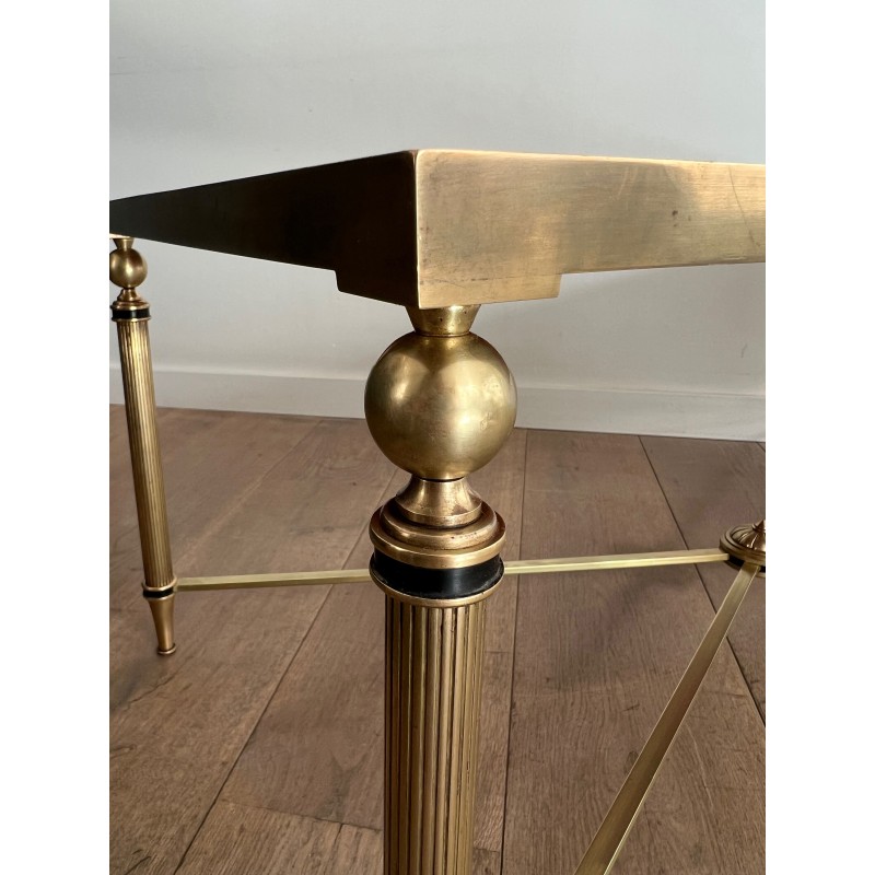 Large Neoclassical Brass Coffee Table with Eglomised Mirror Top by Maison Jansen, circa 1940