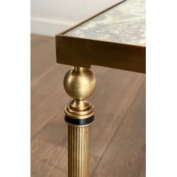 Large Neoclassical Brass Coffee Table with Eglomised Mirror Top by Maison Jansen, circa 1940