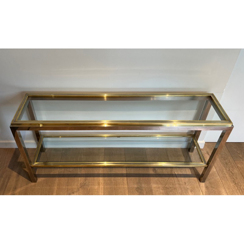 Importante Console à Double Plateau en Chrome et Laiton par Willy Rizzo, Édition Jean Charles, vers 1970