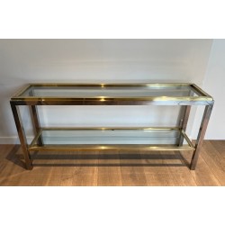 Importante Console à Double Plateau en Chrome et Laiton par Willy Rizzo, Édition Jean Charles, vers 1970