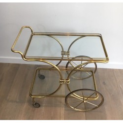 Table Roulante Néoclassique en Laiton à Plateaux de Verre de la Maison Baguès, vers 1940