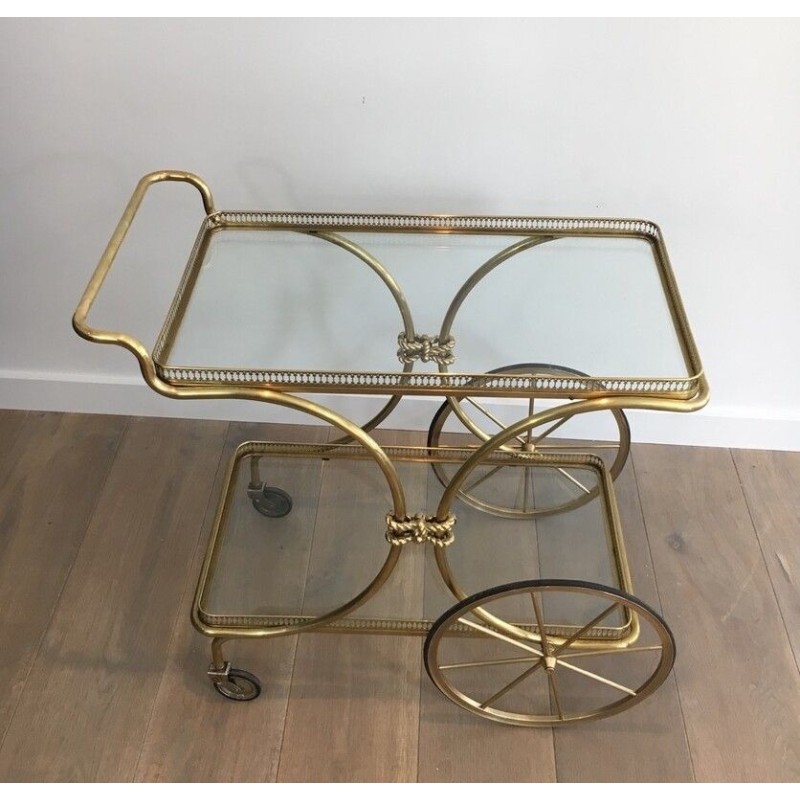 Table Roulante Néoclassique en Laiton à Plateaux de Verre de la Maison Baguès, vers 1940