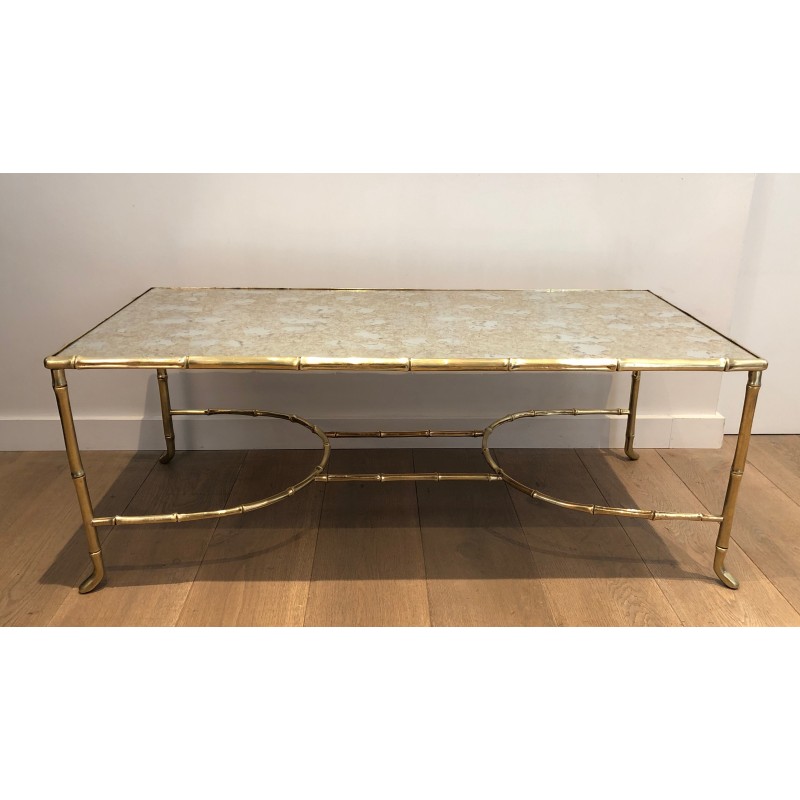 Importante Table Basse en Bronze Façon Faux-Bambou et Miroir Antique de la Maison Baguès, vers 1940