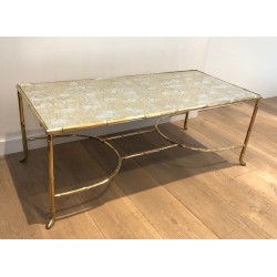 Large Faux-Bamboo Bronze Coffee Table with Antique Mirror Top by Maison Baguès, circa 1940