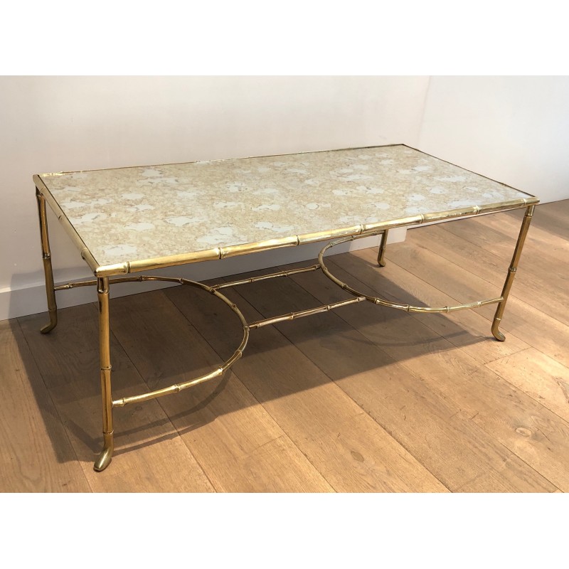 Large Faux-Bamboo Bronze Coffee Table with Antique Mirror Top by Maison Baguès, circa 1940