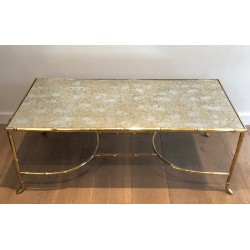 Importante Table Basse en Bronze Façon Faux-Bambou et Miroir Antique de la Maison Baguès, vers 1940