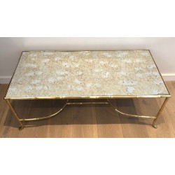 Importante Table Basse en Bronze Façon Faux-Bambou et Miroir Antique de la Maison Baguès, vers 1940