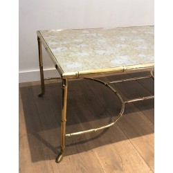 Importante Table Basse en Bronze Façon Faux-Bambou et Miroir Antique de la Maison Baguès, vers 1940