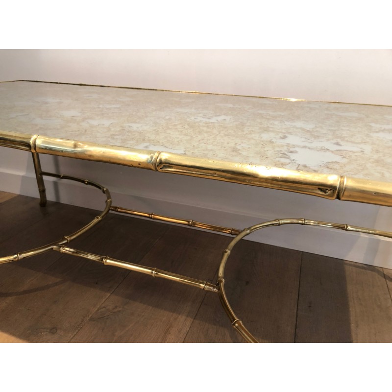 Large Faux-Bamboo Bronze Coffee Table with Antique Mirror Top by Maison Baguès, circa 1940