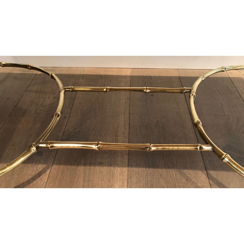 Importante Table Basse en Bronze Façon Faux-Bambou et Miroir Antique de la Maison Baguès, vers 1940