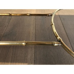 Importante Table Basse en Bronze Façon Faux-Bambou et Miroir Antique de la Maison Baguès, vers 1940