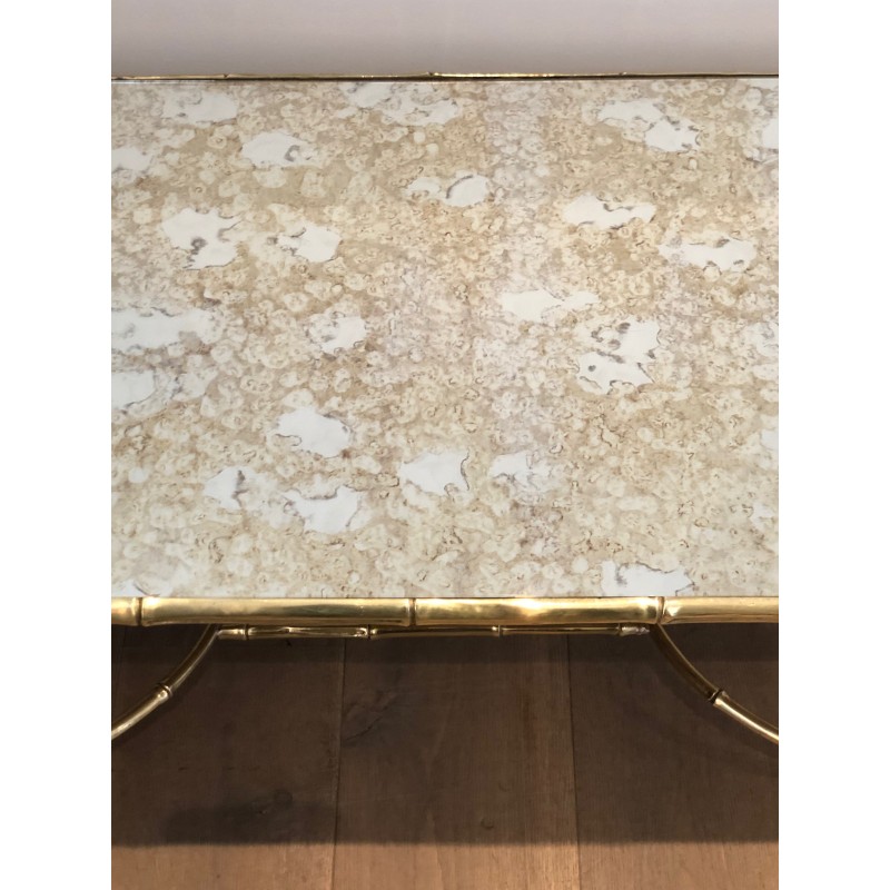 Importante Table Basse en Bronze Façon Faux-Bambou et Miroir Antique de la Maison Baguès, vers 1940