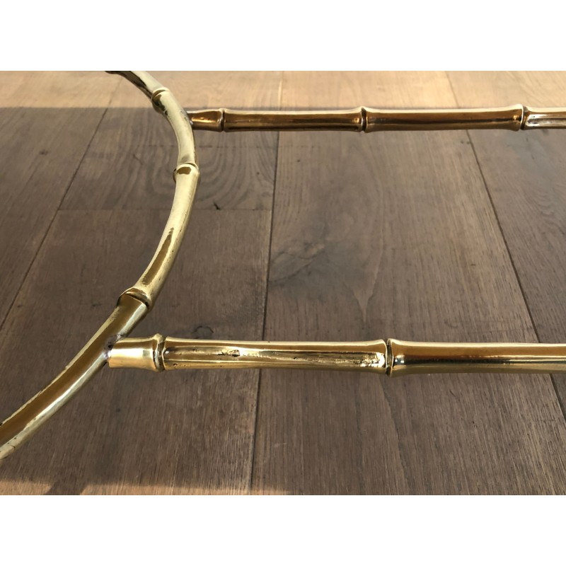 Importante Table Basse en Bronze Façon Faux-Bambou et Miroir Antique de la Maison Baguès, vers 1940