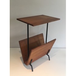 Wood and Black Lacquered Metal Magazine Rack, French Work, circa 1950