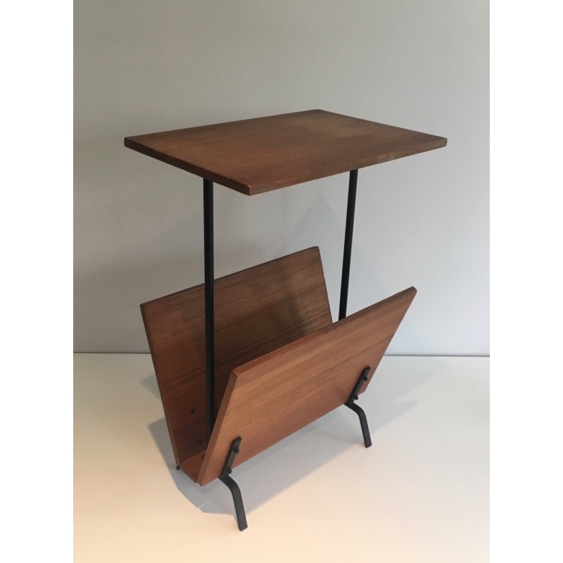 Wood and Black Lacquered Metal Magazine Rack, French Work, circa 1950