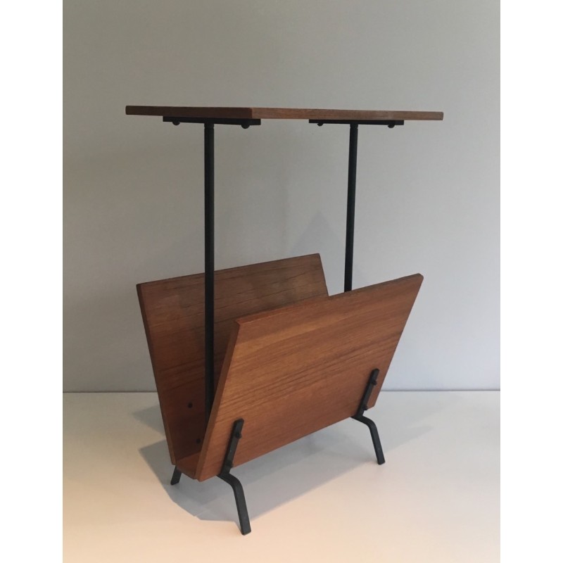 Wood and Black Lacquered Metal Magazine Rack, French Work, circa 1950