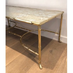 Importante Table Basse en Bronze Façon Faux-Bambou et Miroir Antique de la Maison Baguès, vers 1940