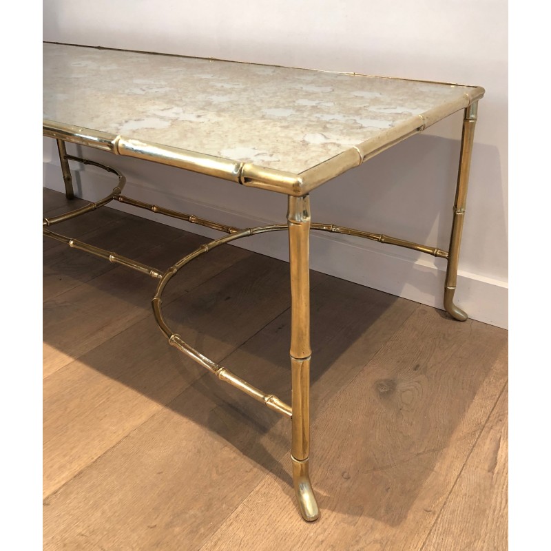 Importante Table Basse en Bronze Façon Faux-Bambou et Miroir Antique de la Maison Baguès, vers 1940