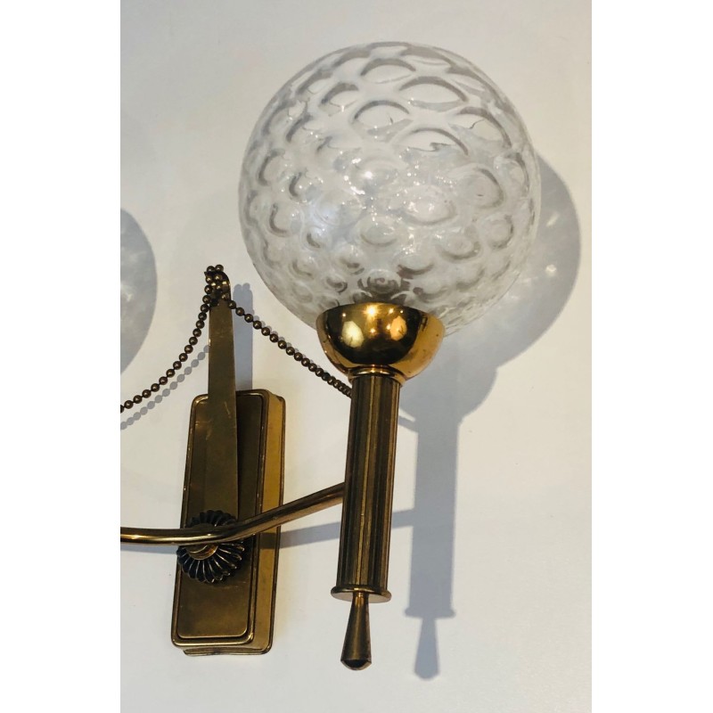 Paire d'Appliques en Laiton et Boules de Verre. Vers 1970